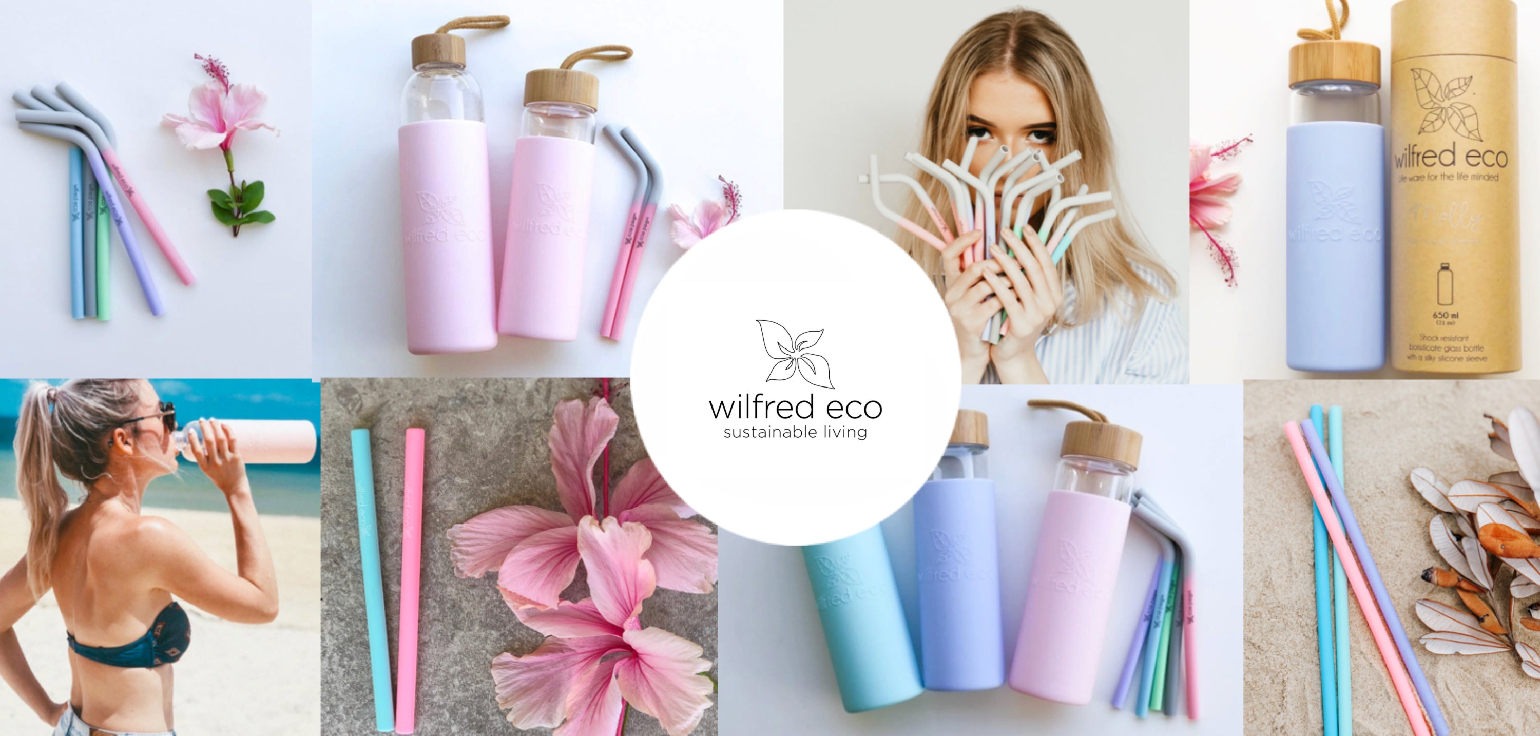 Eco-friendly reusable drinkware products including glass drink bottles and silicone straws for people of all ages